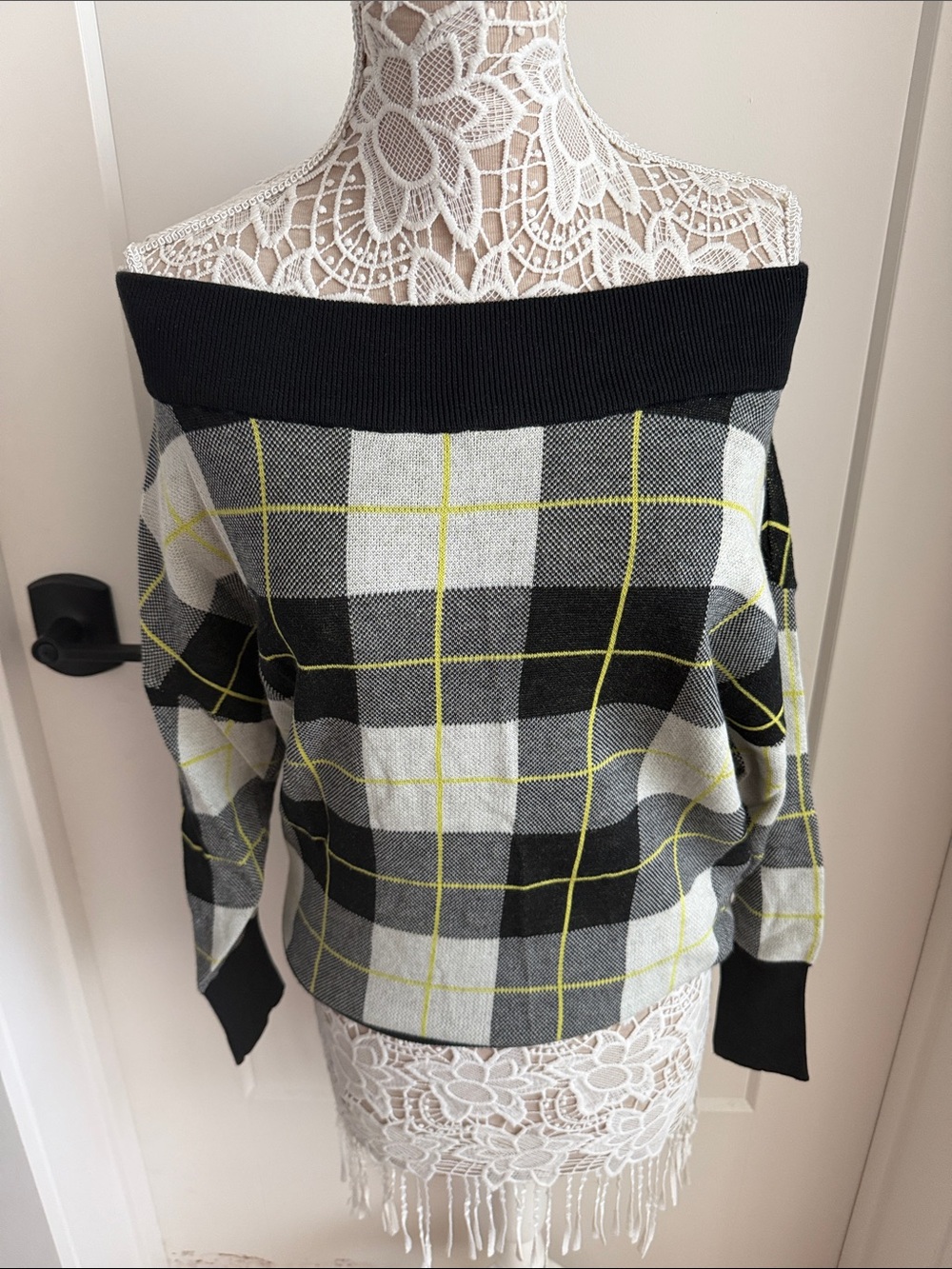 Express Off-the-Shoulder Plaid Sweater in Black, Gray & White with Yellow Grid